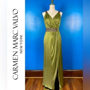 CARMEN MARC VALVO Silk Grecian Goddess Evening Gown in Olive, Size 2